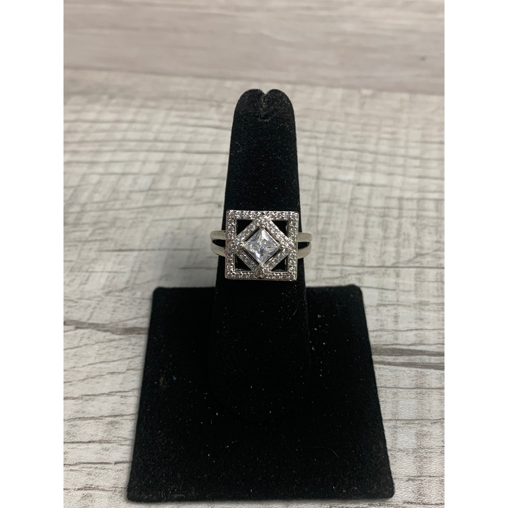 Art Deco Geometric Square Halo Ring Silver Tone Princess Cut Clear Stone Sz 7.25